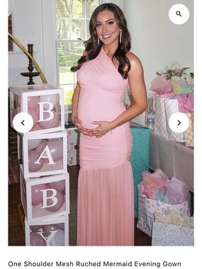 NEVER WORN: Maternity One-Shoulder Pink Mesh Ruched Mermaid Gown